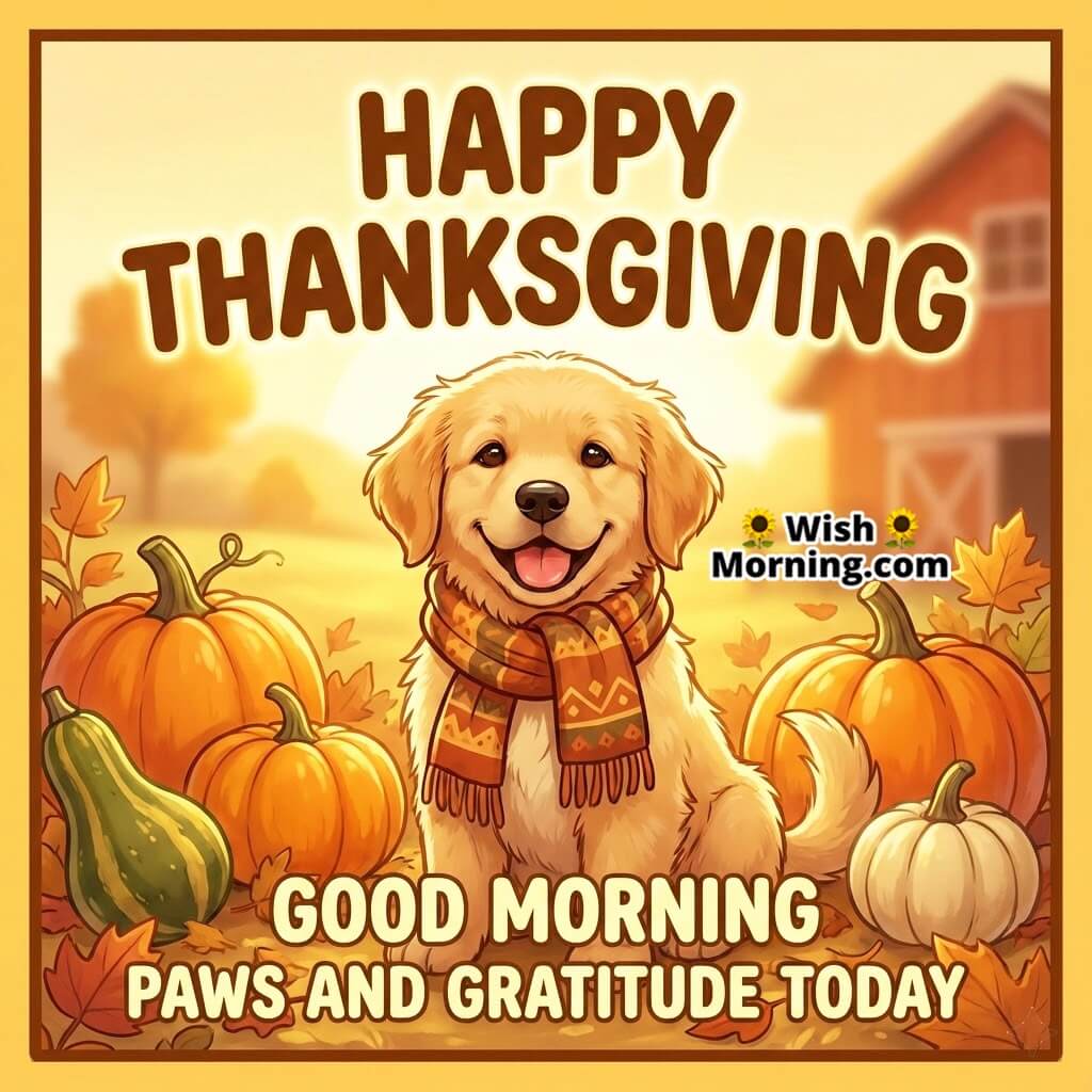 Good Morning Happy Thanksgiving card featuring a cute pet with autumn décor symbolizing joy and companionship.