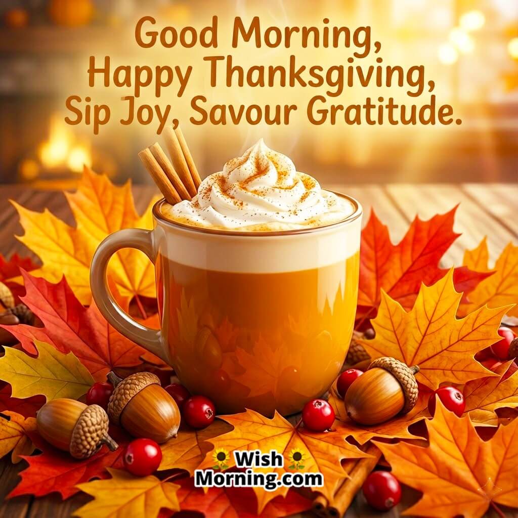 Good Morning Happy Thanksgiving card image featuring pumpkin spice coffee and fall décor symbolizing comfort and seasonal joy.