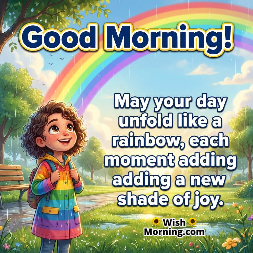 Good Morning image with a person admiring a rainbow in the sky, symbolizing joy and the unfolding beauty of a colorful day.