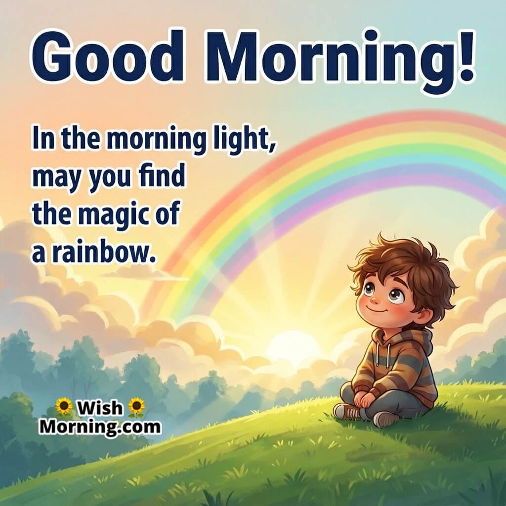 Good Morning image featuring a child watching a sunrise rainbow, symbolizing wonder, magic, and promise in a new day.