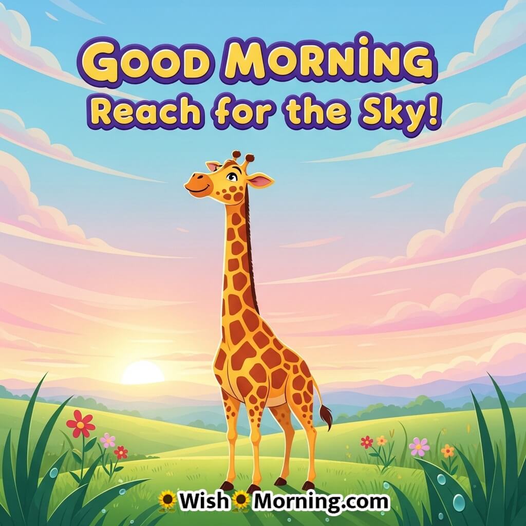Good Morning Stand Tall featuring a giraffe standing under a pastel sunrise sky, symbolizing confidence and grace.
