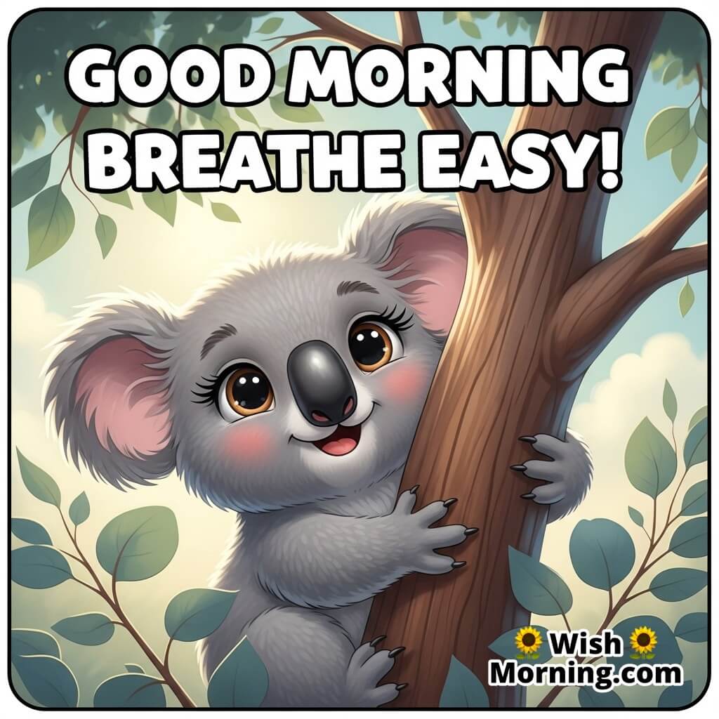 Good Morning Breathe Easy featuring a koala hugging a eucalyptus tree with soft morning glow, symbolizing peace and clarity.