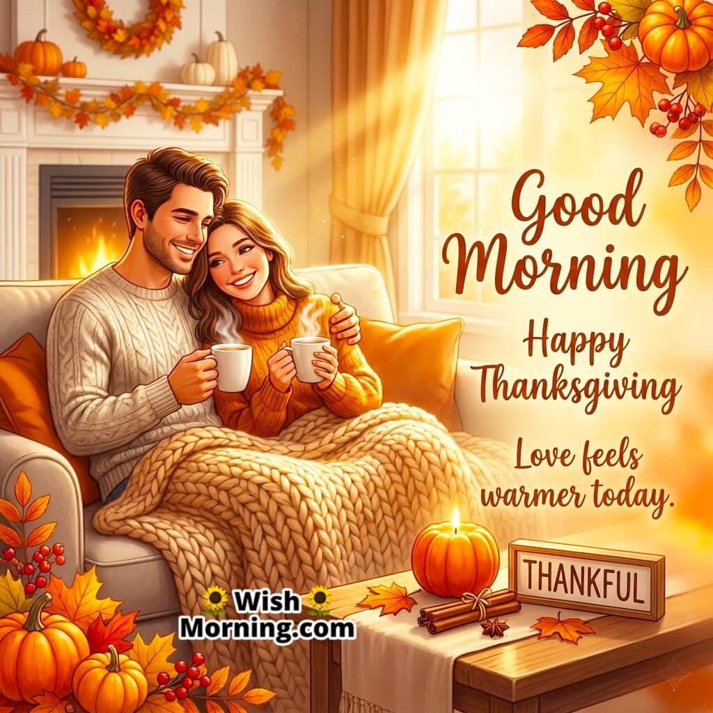 Good Morning Happy Thanksgiving image featuring a romantic setting with warm light symbolizing love and gratitude.