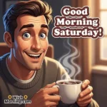 Happy Saturday animated GIF featuring a man enjoying coffee with bright open eyes as steam rises softly, symbolizing warmth and calm.