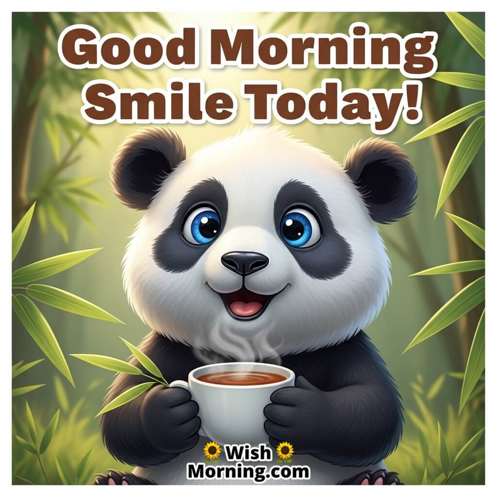 Good Morning Smile Today featuring a cute panda holding a cup of warm tea surrounded by bamboo, symbolizing comfort and positivity.