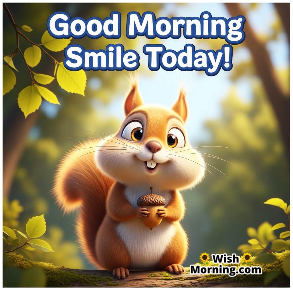 Good Morning Smile Today featuring a cheeky squirrel holding a nut with a funny expression, symbolizing joy and light humour.