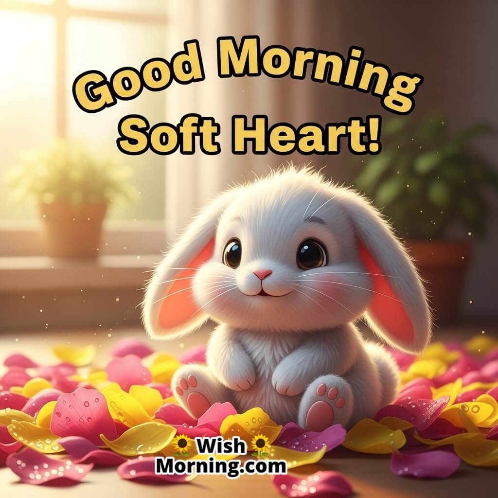 Good Morning Soft Heart featuring a gentle bunny sitting on petals under warm light, symbolizing purity and tenderness.