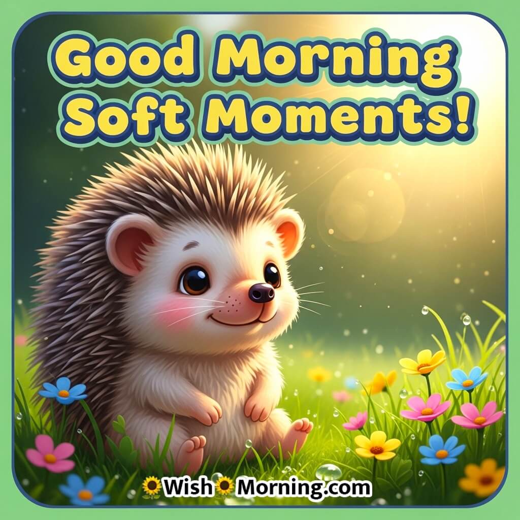 Good Morning Soft Moments featuring a hedgehog near tiny flowers in warm morning light, symbolizing gentle beginnings.