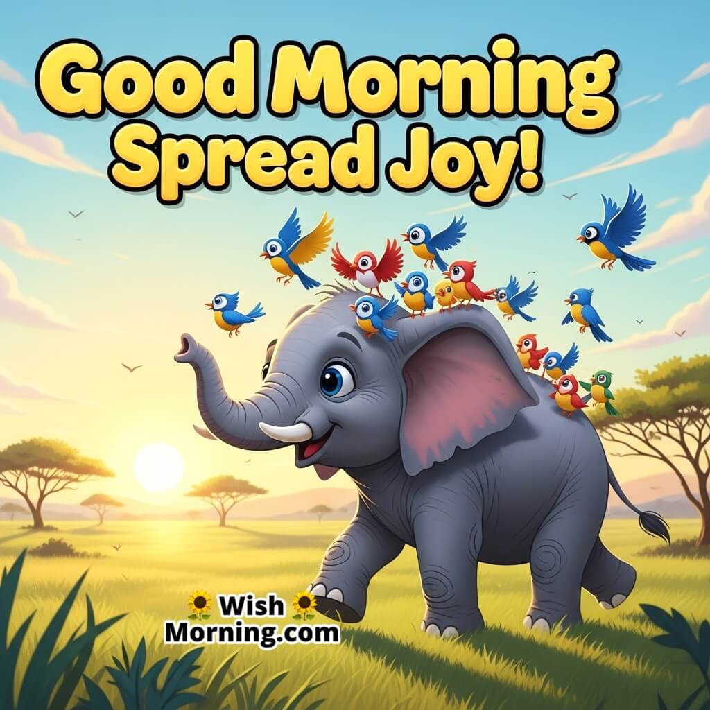 Good Morning Spread Joy featuring a young elephant with small birds perched on its back, symbolizing friendliness and harmony.