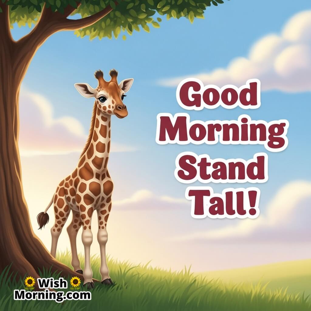 Good Morning Stand Tall featuring a baby giraffe peeking from behind a tree under a soft sky, symbolizing confidence and growth.