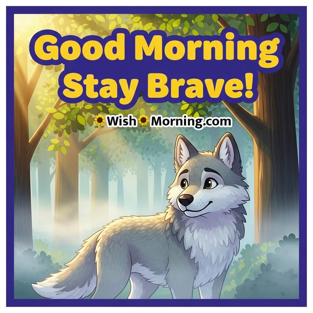 Good Morning Stay Brave featuring a gentle wolf standing in soft morning mist, symbolizing strength and courage.