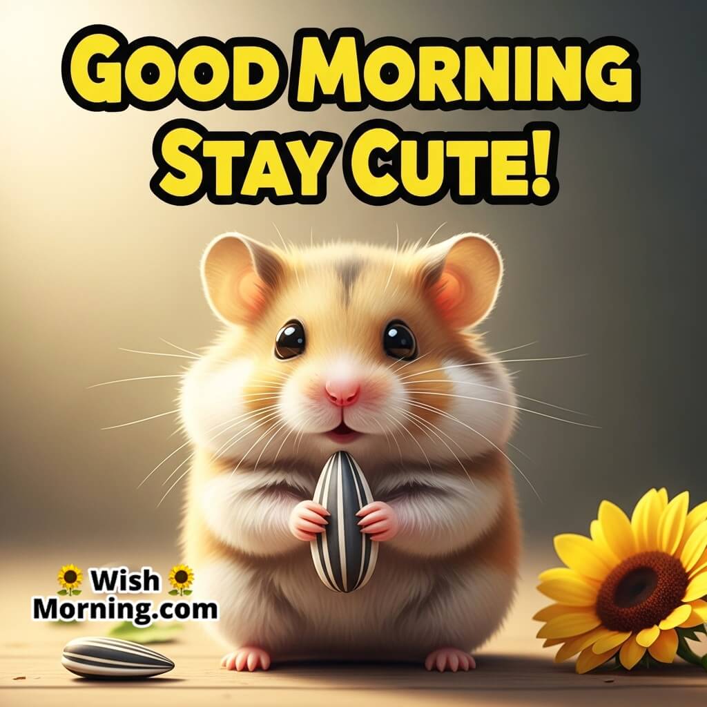 Good Morning Stay Cute featuring a tiny hamster holding a seed with soft morning glow, symbolizing sweetness and charm.