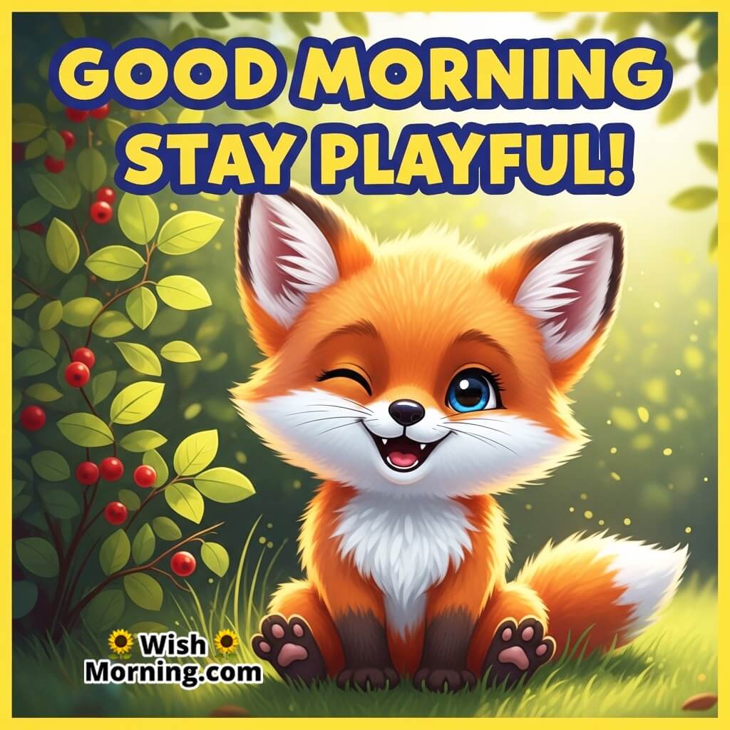 Good Morning Stay Playful featuring a fox giving a cute wink near bushes, symbolizing cheerful confidence.