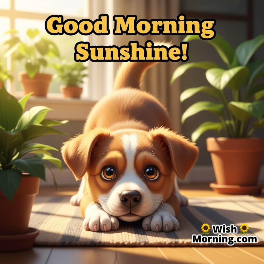 Good Morning Sunshine featuring a cute puppy stretching on a cozy mat with warm indoor morning light, symbolizing a cheerful and fresh start.