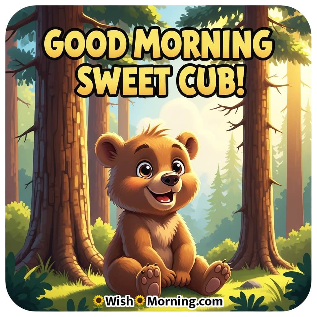 Good Morning Sweet Cub featuring a baby bear sitting near pine trees in warm sunlight, symbolizing comfort and softness.
