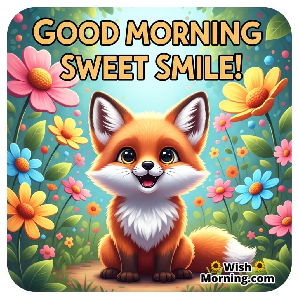 Good Morning Sweet Smile featuring a fluffy fox cub in a colourful garden, symbolizing light-hearted joy.