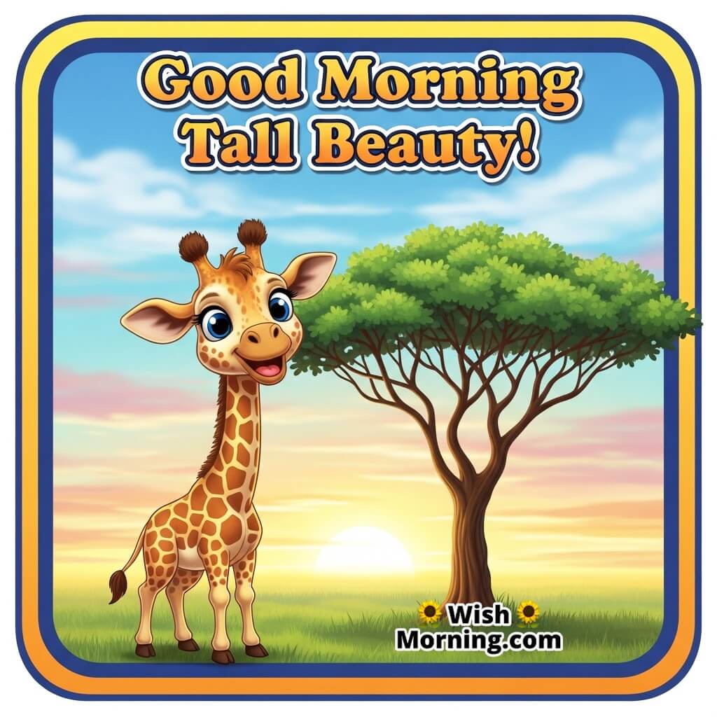 Good Morning Tall Beauty featuring a baby giraffe under soft morning sky, symbolizing grace and growth.