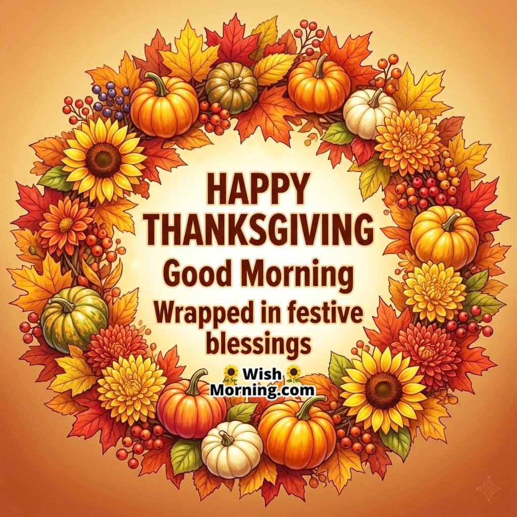 Good Morning Happy Thanksgiving image featuring a festive autumn wreath symbolizing celebration and blessings.