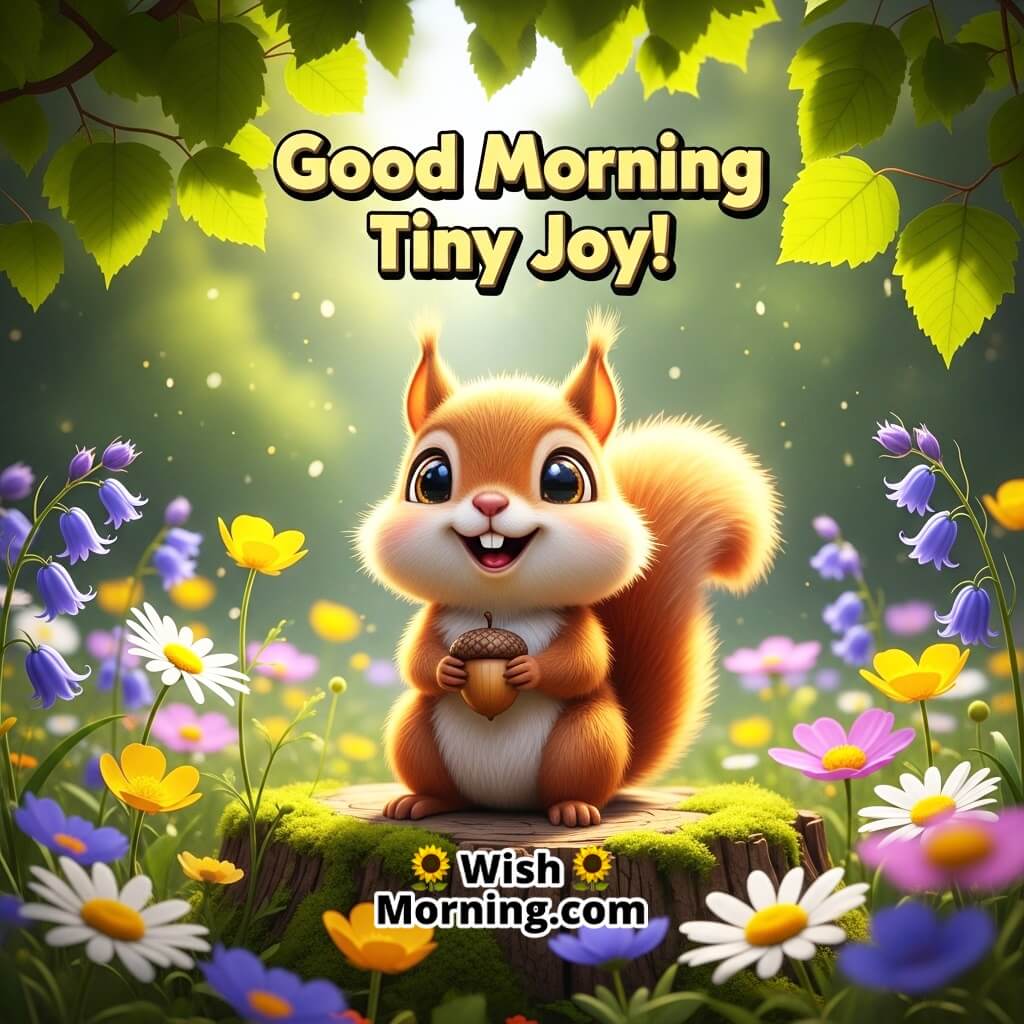 Good Morning Tiny Joy featuring a baby squirrel on a tree stump with flowers and sunlight, symbolizing small happy moments.
