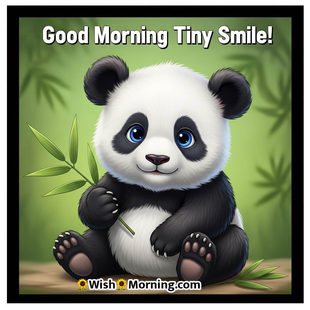 Good Morning Tiny Smile featuring a baby panda with bamboo leaves in soft green light, symbolizing gentle joy.