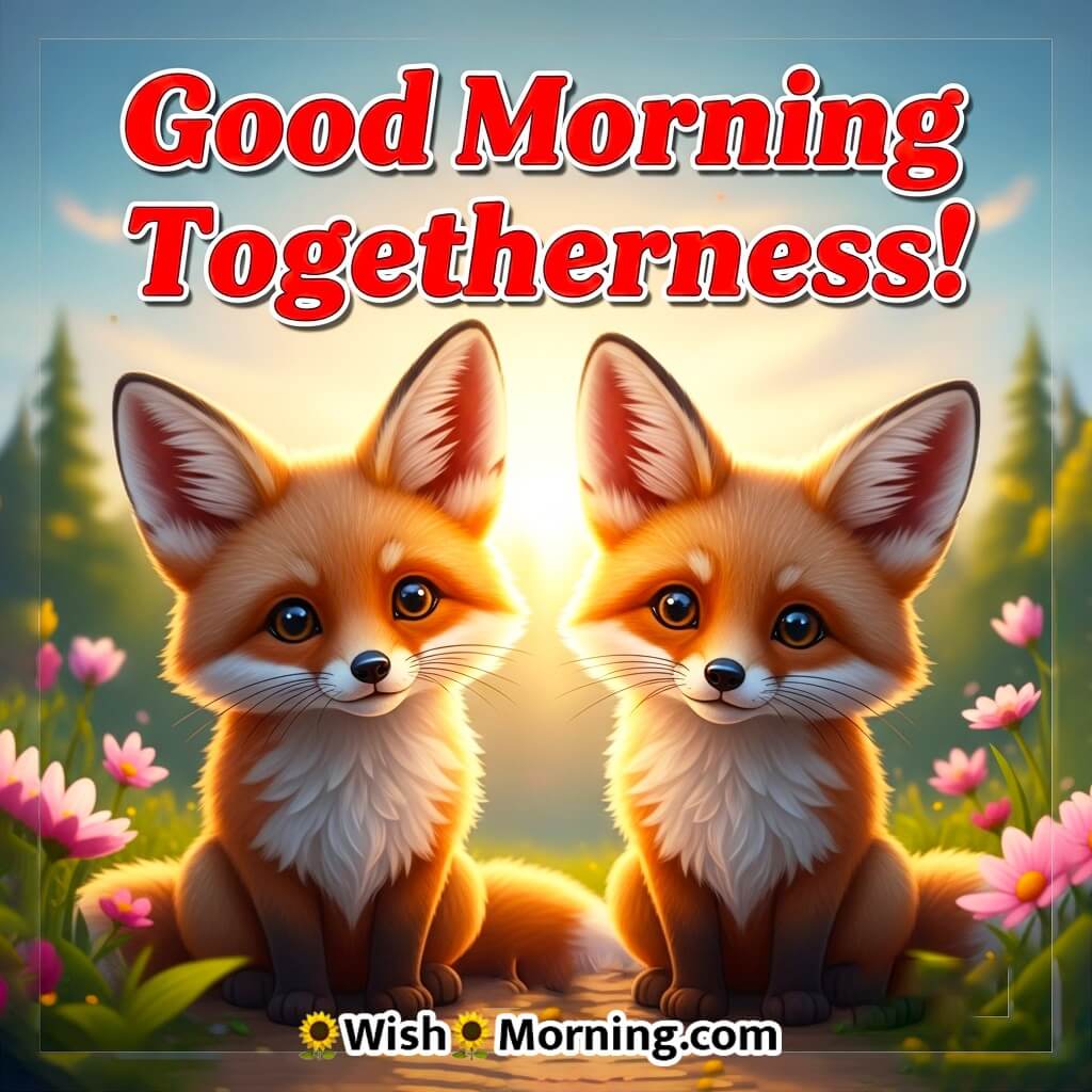 Good Morning Togetherness featuring two foxes sitting near flowers during sunrise, symbolizing unity and companionship.