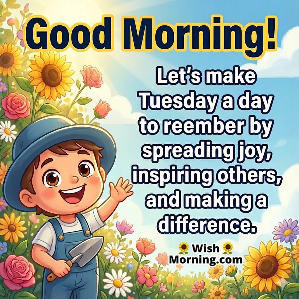 Good morning Tuesday inspirational message image featuring a cheerful morning garden and a smiling character, symbolizing joy, purpose, and positive action.