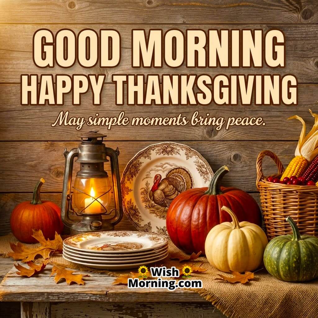 Good Morning Happy Thanksgiving card featuring rustic wood, lantern, and classic décor symbolizing peaceful vintage charm.