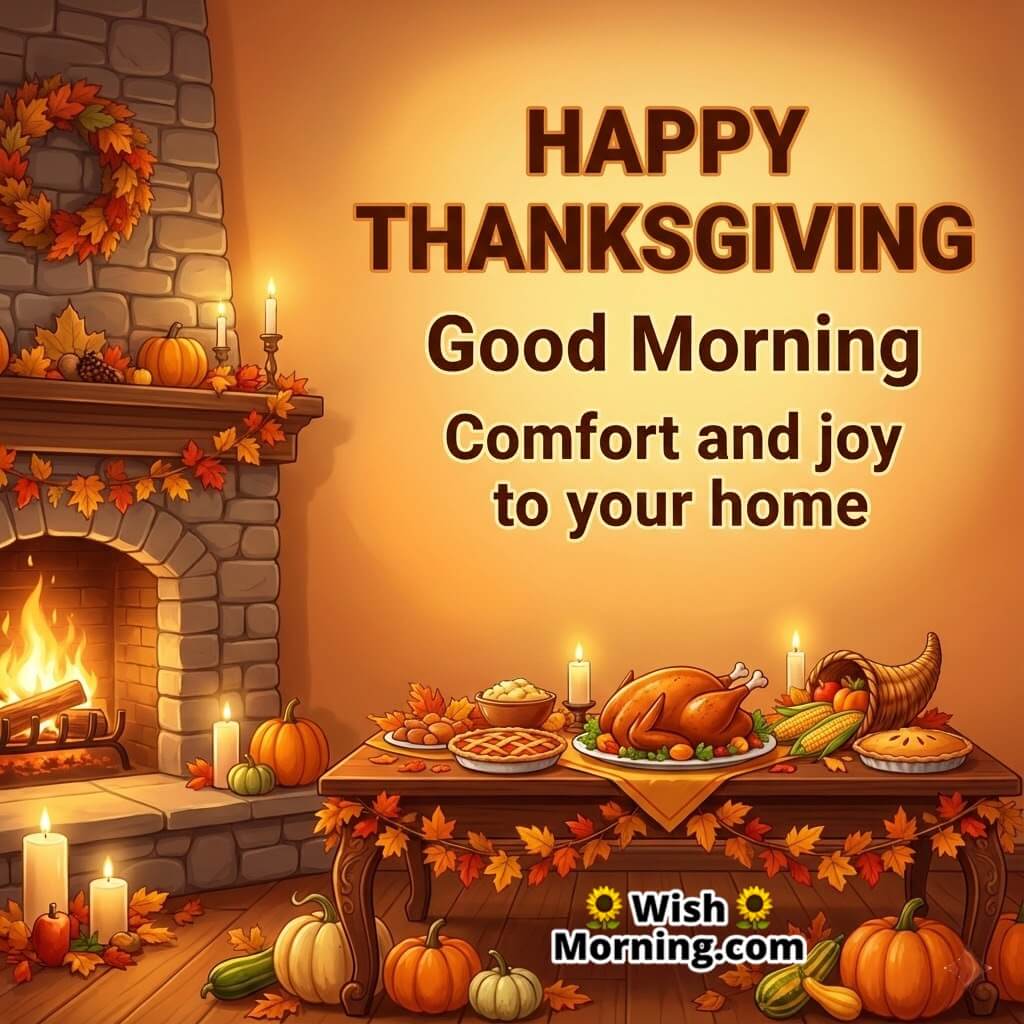 Good Morning Happy Thanksgiving card featuring a cozy home with festive table and fireplace symbolizing comfort and joy.