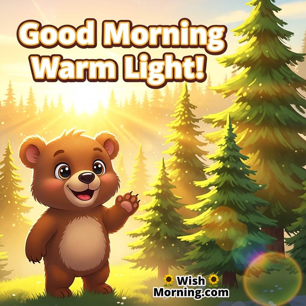 Good Morning Warm Light featuring a bear cub near pine trees in golden sunrise, symbolizing warmth and comfort.