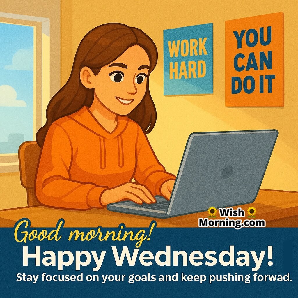 Good Morning Wednesday Focused Goals featuring a woman working on a laptop in bright sunlight, symbolizing focus and success.