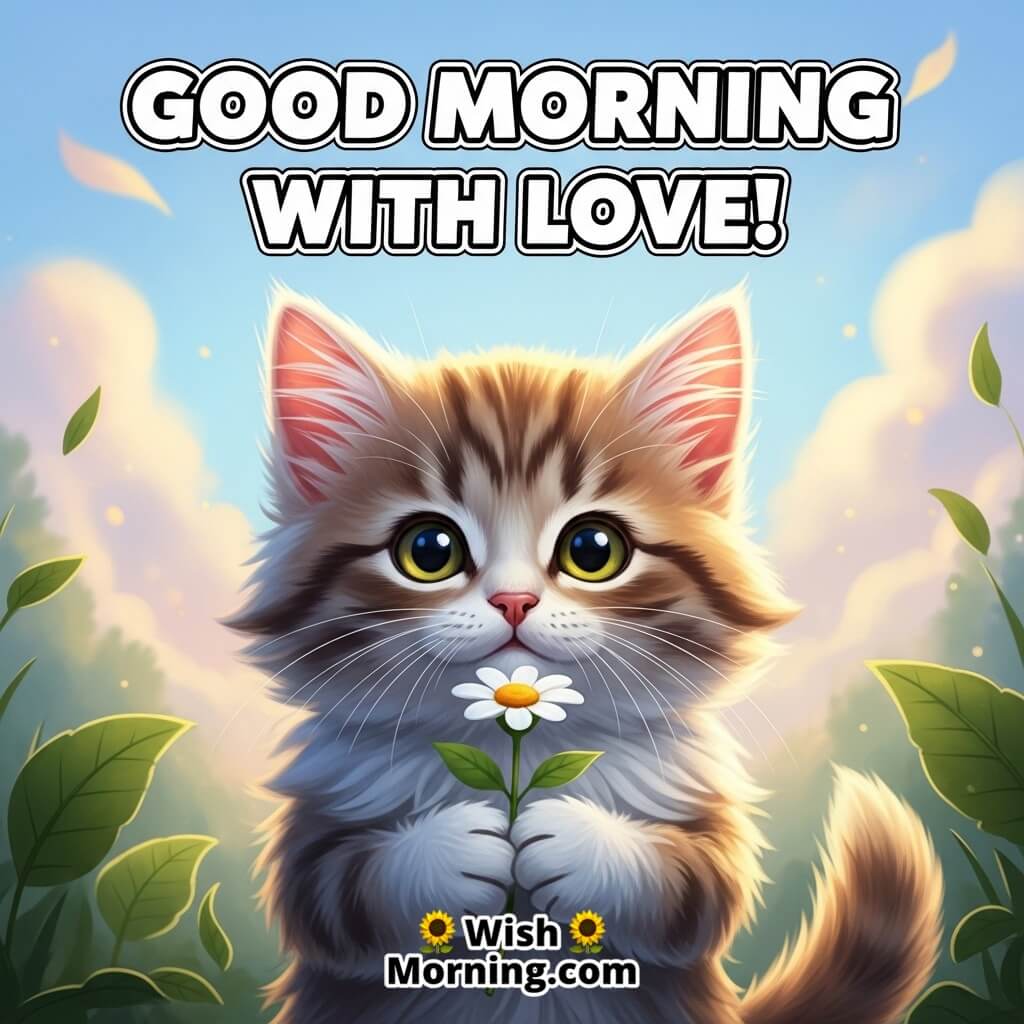 Good Morning With Love featuring a fluffy kitten holding a flower under a soft pastel sky, symbolizing affection and warmth.