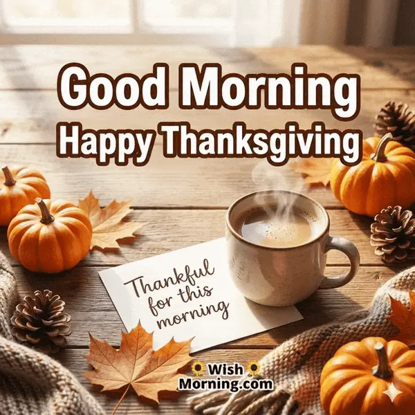 Animated Good Morning Happy Thanksgiving GIF showing a gratitude note and steaming coffee, symbolizing thankfulness and warm morning vibes.