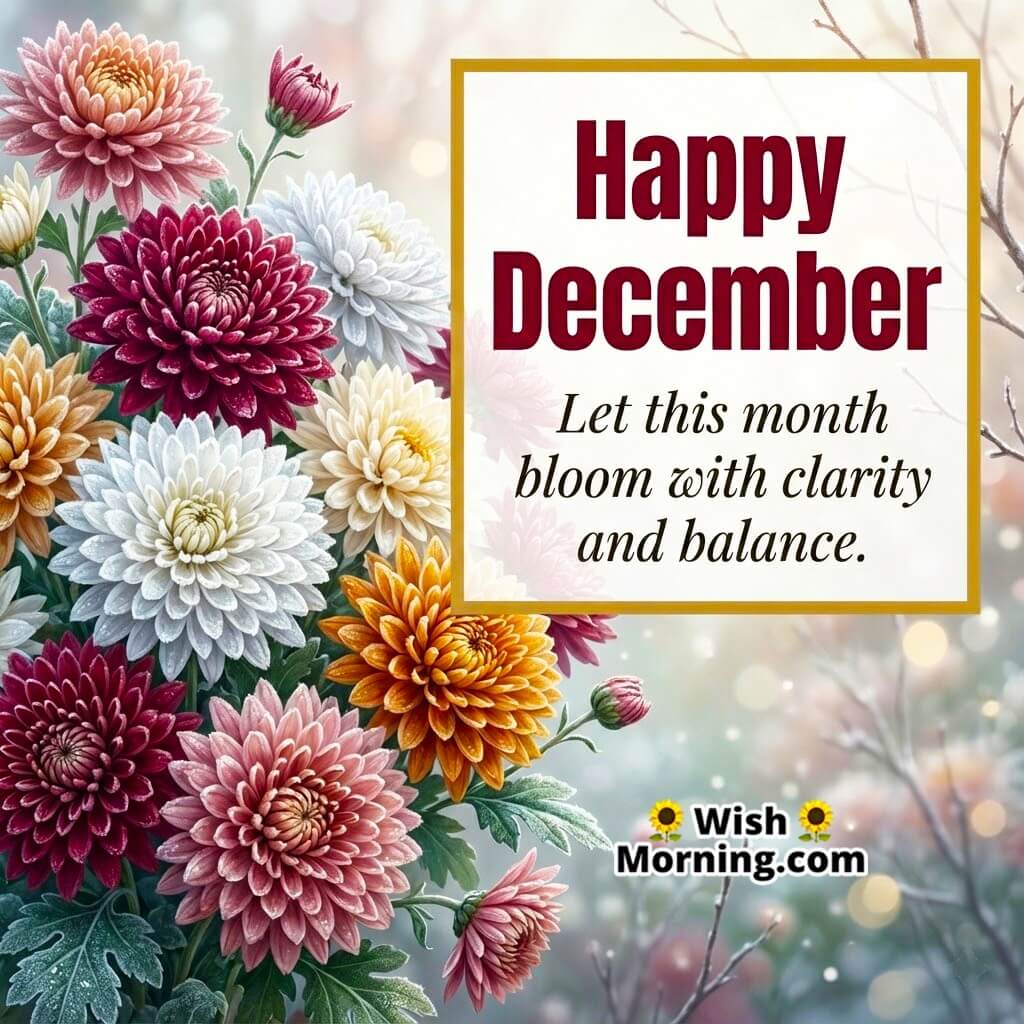 Happy December Chrysanthemum Beauty Image featuring winter chrysanthemums in full bloom symbolizing balance, clarity, and peaceful energy.