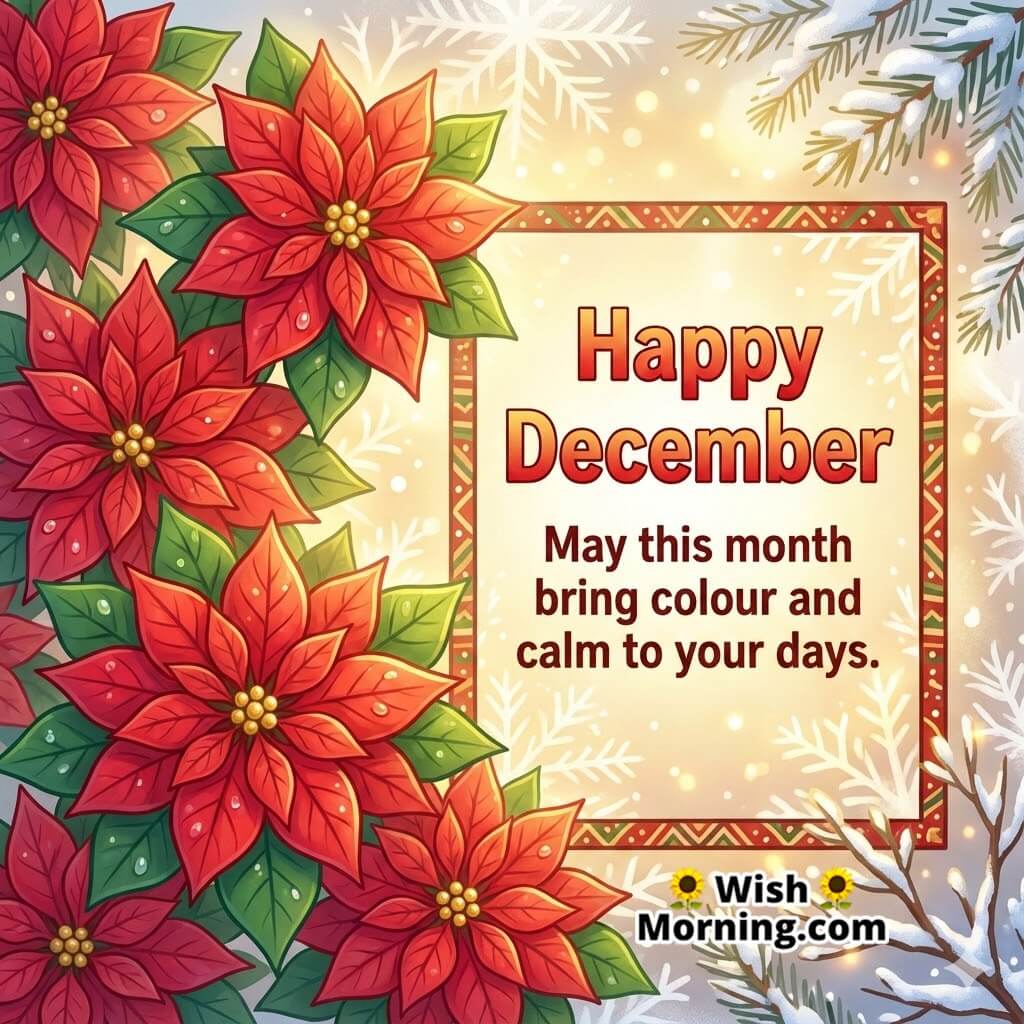 Happy December Poinsettia Bloom Image featuring bright red poinsettia flowers and soft winter light symbolizing colour, warmth, and a calm start to the month.