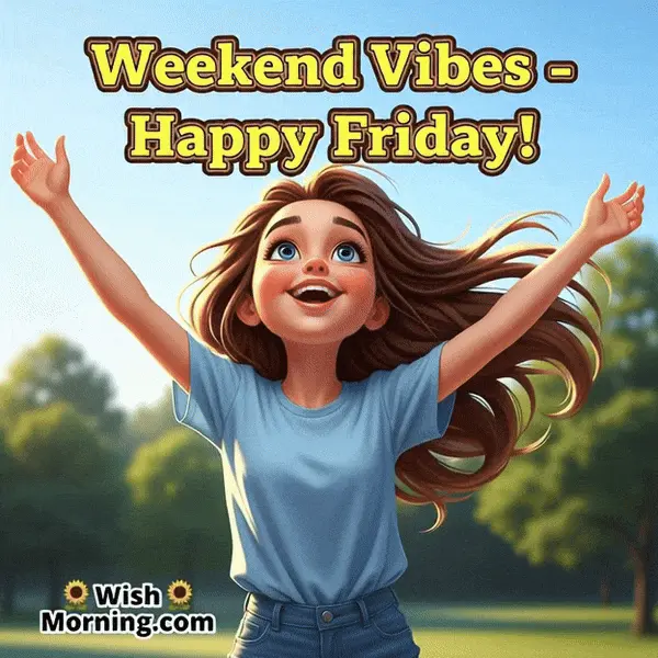 Happy Friday animated GIF featuring a cheerful girl jumping with joy, symbolizing excitement for the weekend.