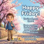 Happy Friday morning motivation image featuring a flowering walkway and a confident character, symbolizing courage, progress, and determination.
