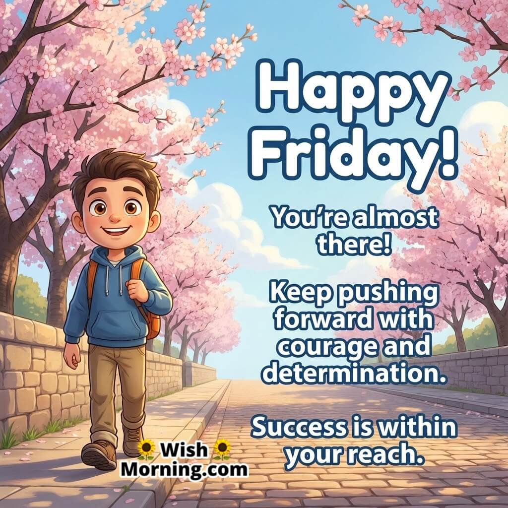 Happy Friday morning motivation image featuring a flowering walkway and a confident character, symbolizing courage, progress, and determination.