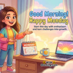 Happy Monday Good Morning image of a confident person near a sunrise-lit desk, symbolizing fresh energy and growth.