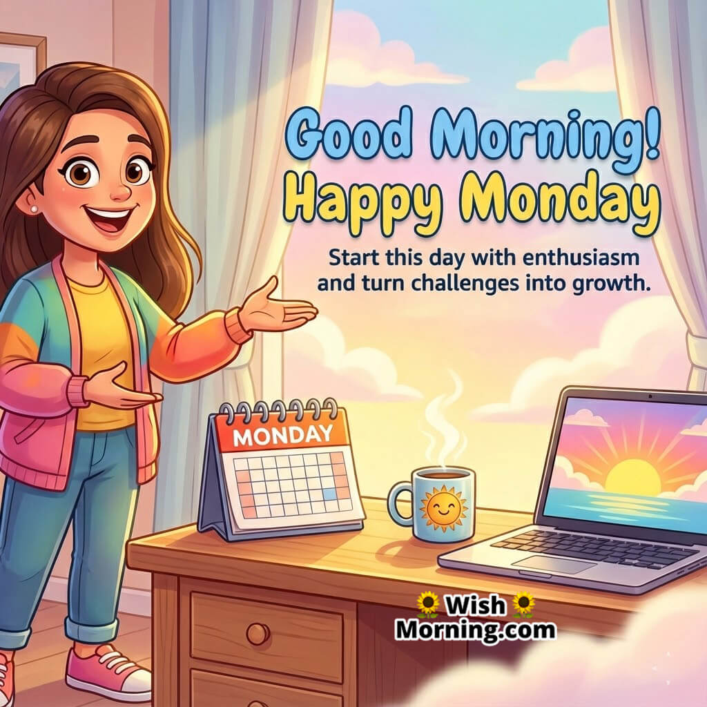 Happy Monday Good Morning image of a confident person near a sunrise-lit desk, symbolizing fresh energy and growth.
