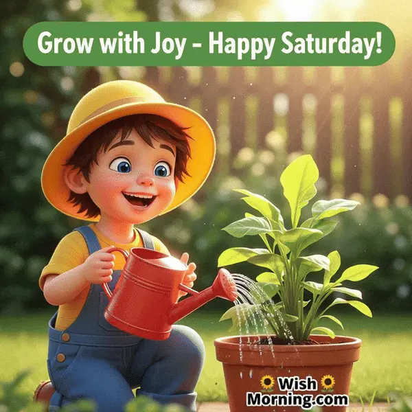 Happy Saturday animated GIF featuring a happy boy watering plants with bright eyes and flowing water, symbolizing growth and joy.