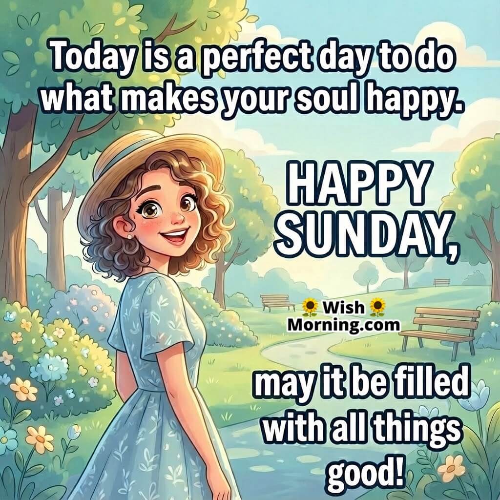 Happy Sunday soul happiness wish image featuring a joyful woman in a sunny park, symbolizing peace, self-care, and good vibes.