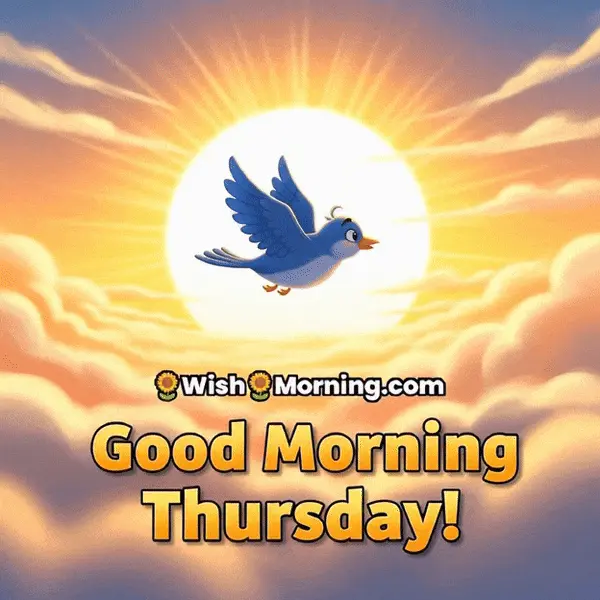 Happy Thursday animated GIF featuring a small bird gliding across the sun, symbolizing freedom and new beginnings.