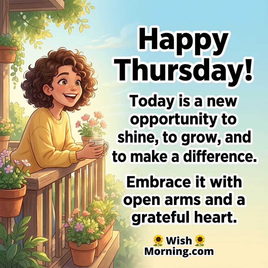 Happy Thursday opportunity and growth message image featuring a warm sunny setting and a joyful figure, symbolizing positivity, gratitude, and new beginnings.
