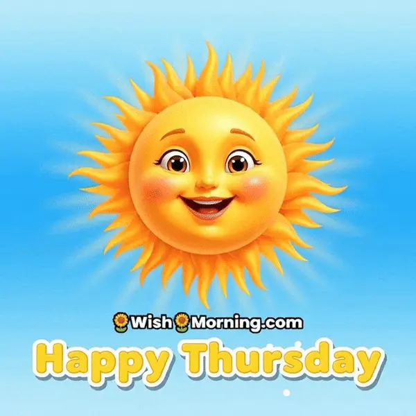 Happy Thursday animated GIF featuring a smiling sun with softly pulsing rays, symbolizing brightness and positivity.