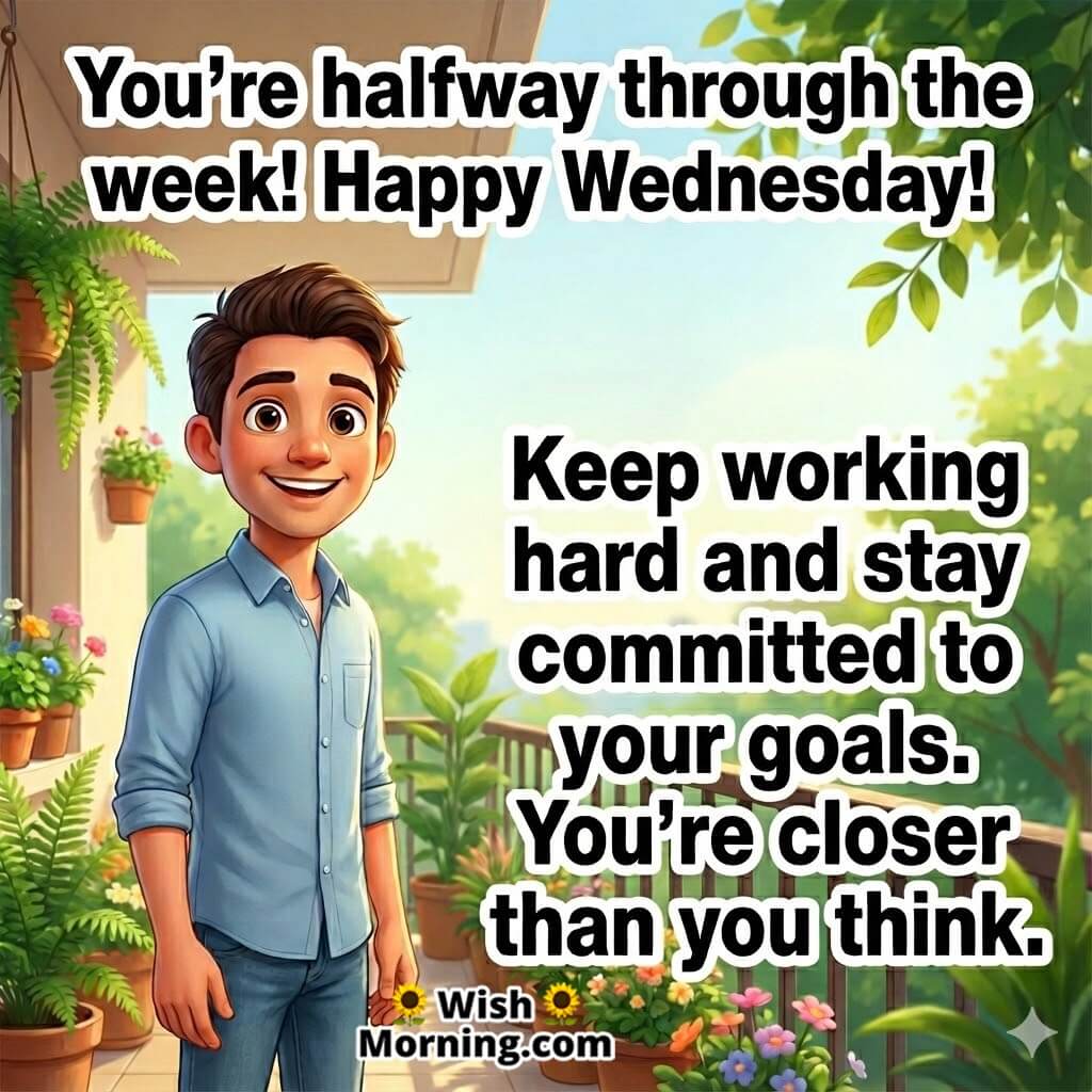 Happy Wednesday motivational message image featuring a cheerful mid-week morning scene and a smiling character, symbolizing progress, strength, and determination.