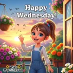 Happy Wednesday animated GIF featuring a cheerful girl waving her hand in morning light, symbolizing joy and positivity.