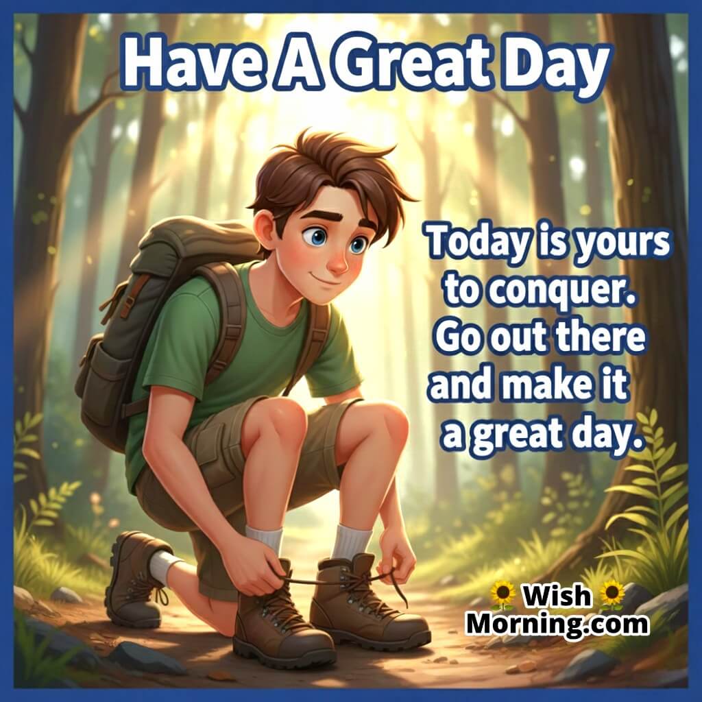 Have A Great Day Greeting showing a joyful woman opening curtains to morning light, symbolizing joy and a fresh start.