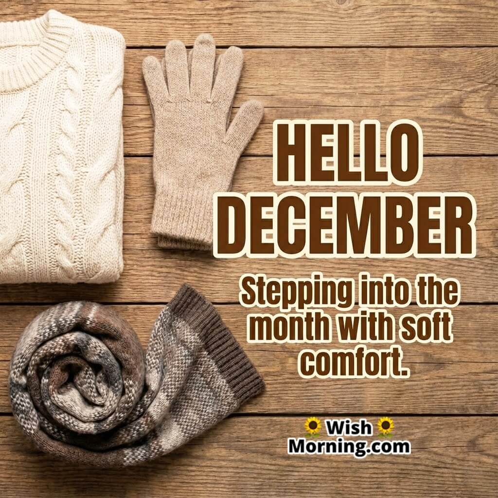 Hello December Cozy Comfort Image featuring a woolen sweater, gloves, and scarf arranged neatly symbolizing warmth and comfort for the new month.
