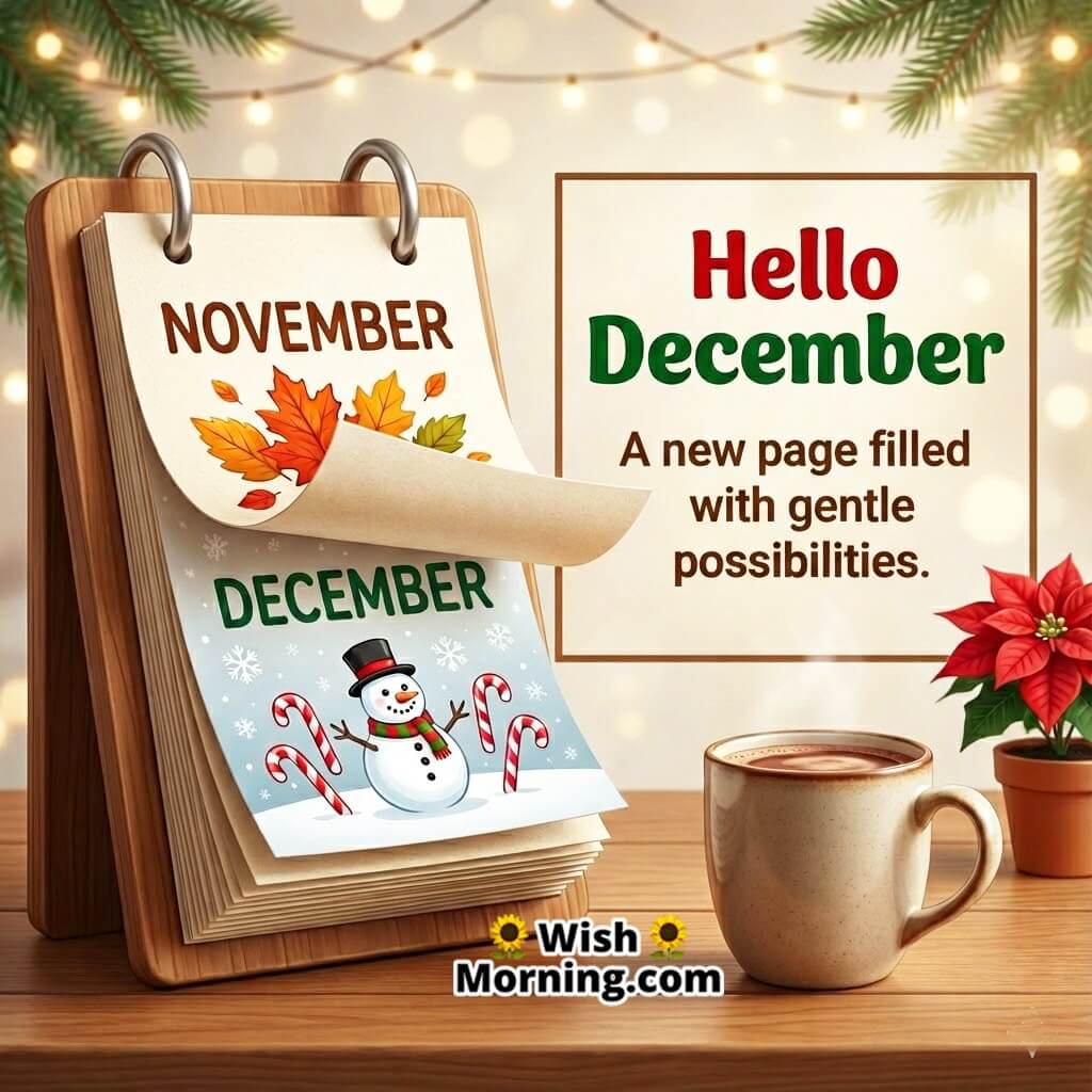 Hello December Gentle Possibilities Image featuring a desk calendar turning to December with warm soft light symbolizing a hopeful start to the month.
