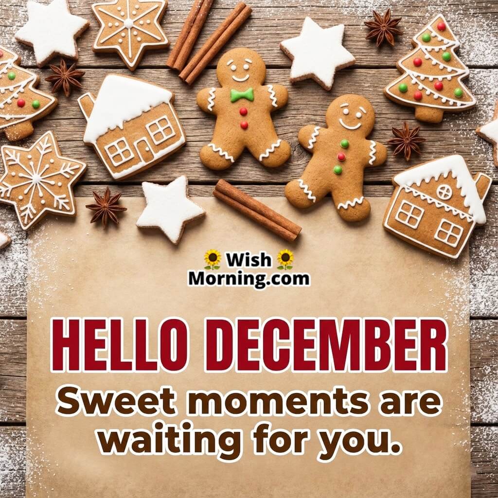 Hello December Sweet Moments Image featuring gingerbread cookies and star treats symbolizing cheerful beginnings and small joys.
